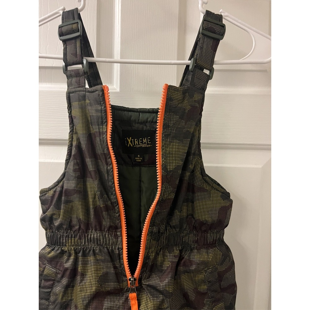 iXtreme Boys Camo Snow Bibs Size 6 Green Orange Insulated Winter Overalls